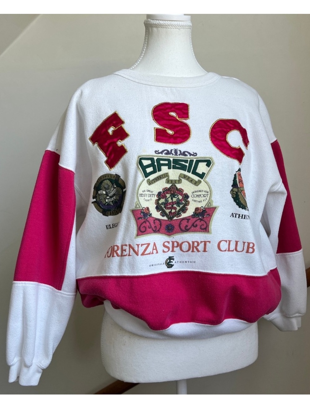 Vintage Forenza‎ Sport Club Sweatshirt M White Pink 80s 90s Pullover